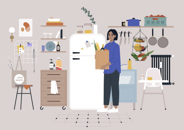 装饰华丽的厨房内部，墙上挂着冰箱、架子、抽屉和烹饪设备图片下载