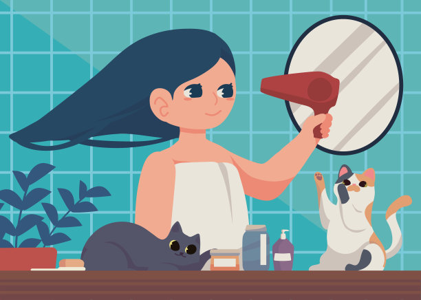 带着吹风机和猫的女孩图片下载