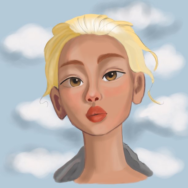 金色头发的女孩映着天空，卡通现实主义图片下载