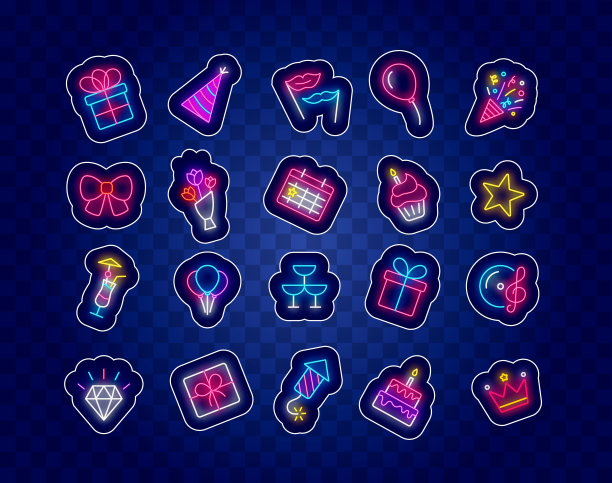 生日霓虹灯贴纸收藏。派对庆祝图标包。社交媒体项目。蛋糕。矢量图图片下载