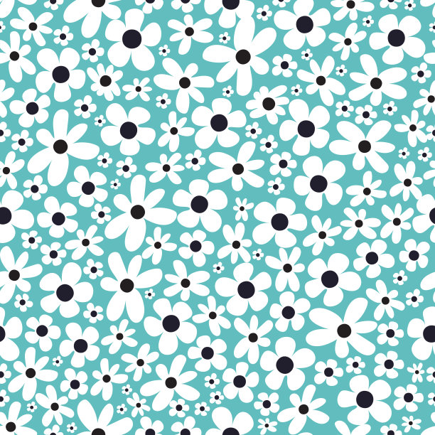 向量雏菊，大和向量花在一个极简风格的黑色背景上。印刷在衣服、纺织品上。时尚印花，时尚，纺织，织物。图片下载