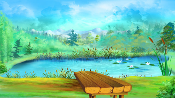 在一个阳光明媚的日子里，池塘边的木桥图片下载