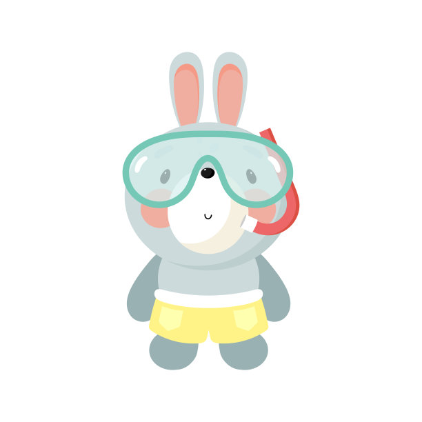 戴着游泳面具的可爱兔子。矢量插图在卡通风格。图片下载
