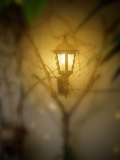 在复古浪漫风格的木墙上靠近老式壁灯。图片下载