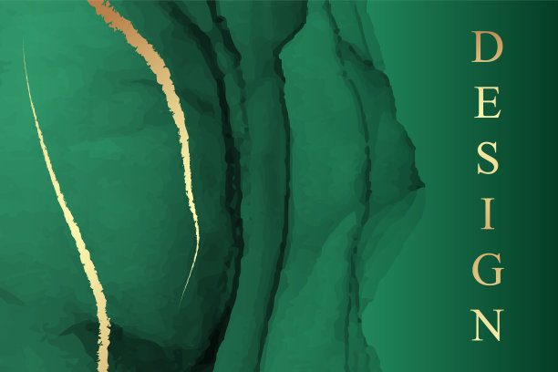 水彩背景与抽象的绿色墨波和金色线条。图片下载