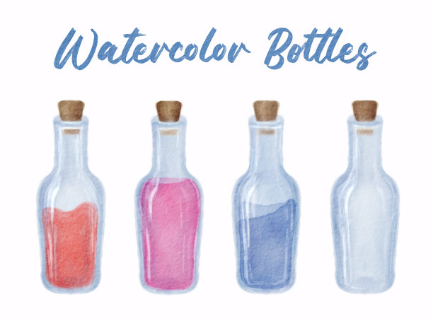 一套水彩手绘瓶子孤立在白色背景图片下载
