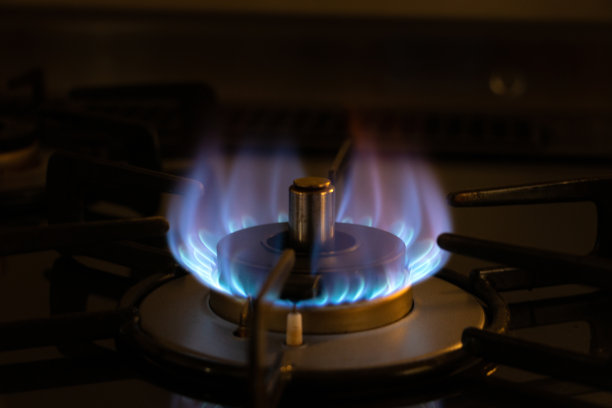 蓝色的火焰从煤气炉的燃烧器图片下载