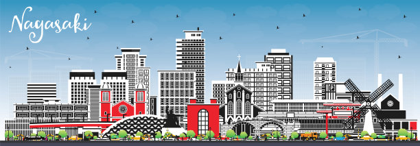 日本长崎城市的天际线，彩色建筑和蓝天。图片下载