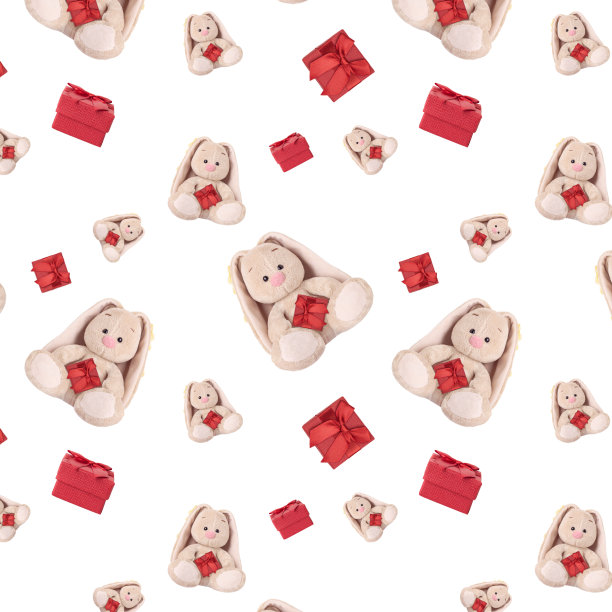 无缝图案配一只兔子和一份红色礼物。图片下载