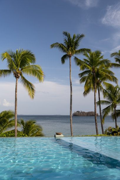 豪华的海滩度假胜地，有游泳池，棕榈树和蓝天。图片下载