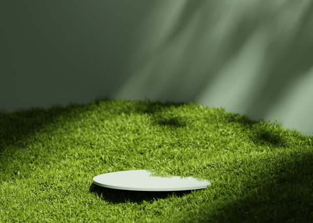 3D显示平台绿色背景与天然绿草和阳光阴影。自然最小基座，美容，化妆品产品展示。春天，夏天景观横幅模板3d渲染。图片下载