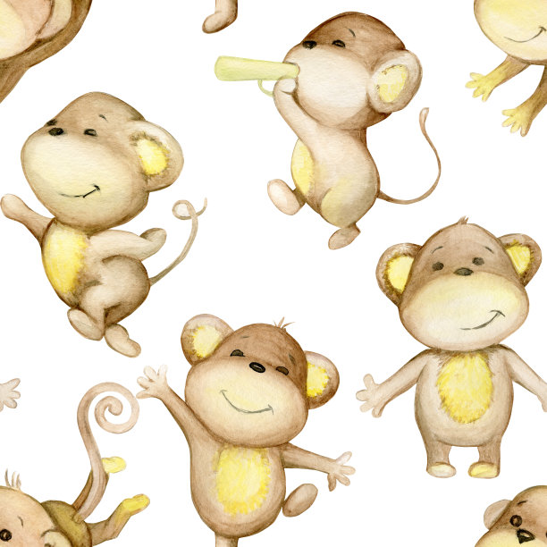 卡通风格的小猴子。水彩无缝图案，在一个孤立的背景。图片下载