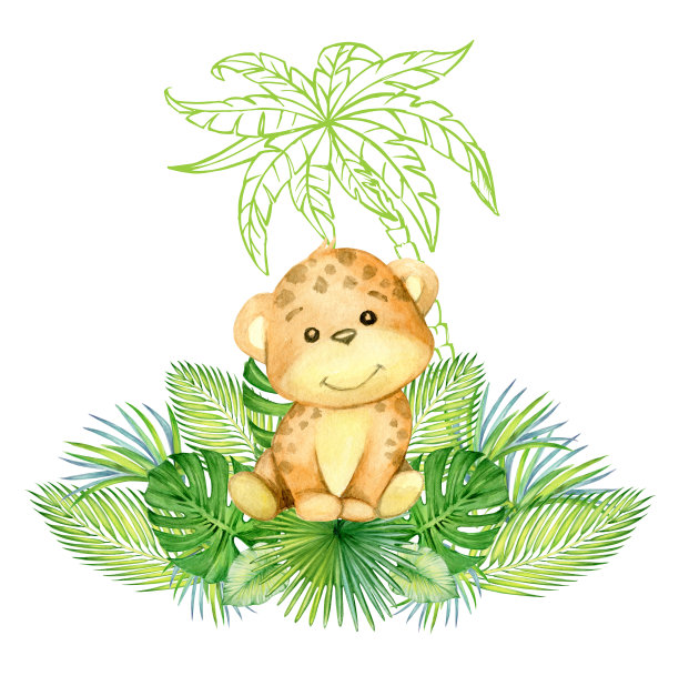 可爱的豹子，卡通风格，在一个孤立的背景，包围着热带树叶。水彩剪纸艺术图片下载