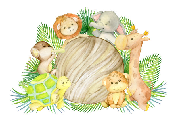 豹子、长颈鹿、猴子、豹子、狮子、象龟、木圈、热带树叶。水彩剪贴画在一个孤立的背景上，在卡通风格。图片下载