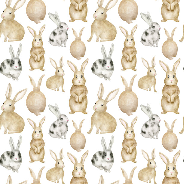 水彩无缝图案与可爱的兔子。手绘棕色小兔子动物坐，站和后视图。小兔背景孤立在白色上。复活节兔子重复设计。图片下载