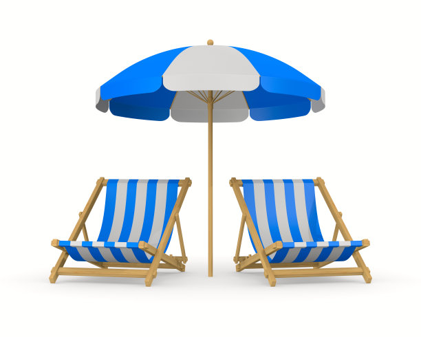 沙滩伞和躺椅在白色的背景。孤立的3 d演示图片下载