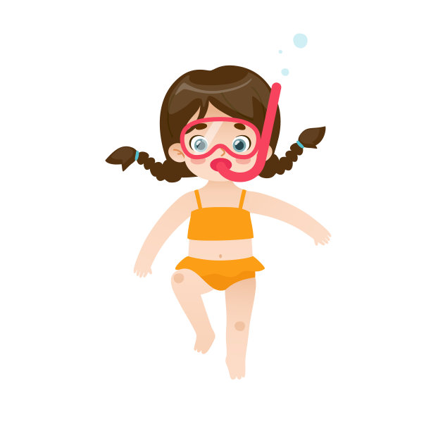 卡通女孩戴着浮潜面罩潜入水下。可爱的女婴正在浮潜。图片下载