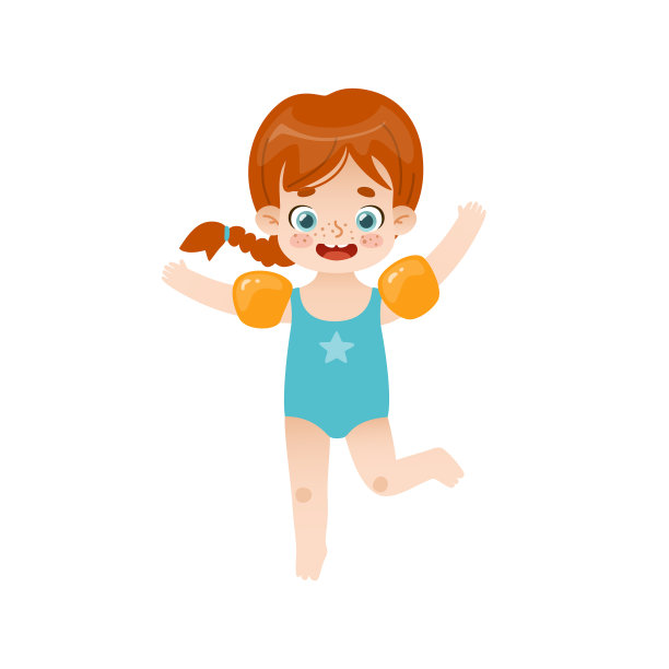 可爱的小女孩带着充气臂章跳跃。有趣的红发女孩在暑假。图片下载