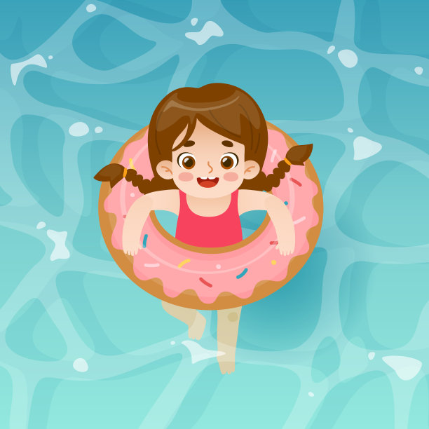 可爱的小女孩带着充气甜甜圈游泳。卡通小孩在泳池里戴着橡胶圈。图片下载