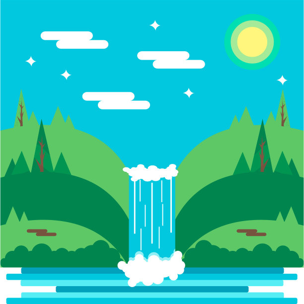 令人敬畏的平坦瀑布景观。大自然。旅游业。岩石和水。卡通矢量平面插图。图片下载