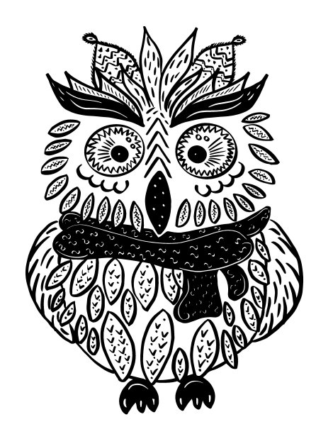 卡通聪明的猫头鹰在一条围巾上的白色背景。儿童手绘素描。图片下载