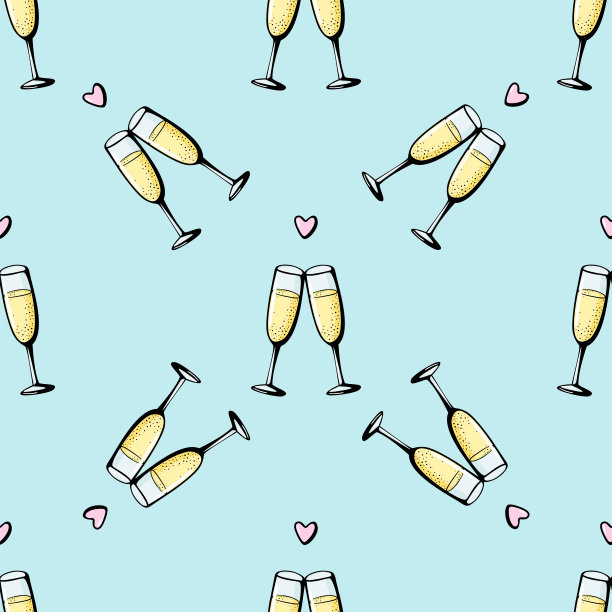 香槟杯无缝涂鸦图案。欢呼声向量插图在蓝色的背景。情人节贺卡，周年庆典图片下载
