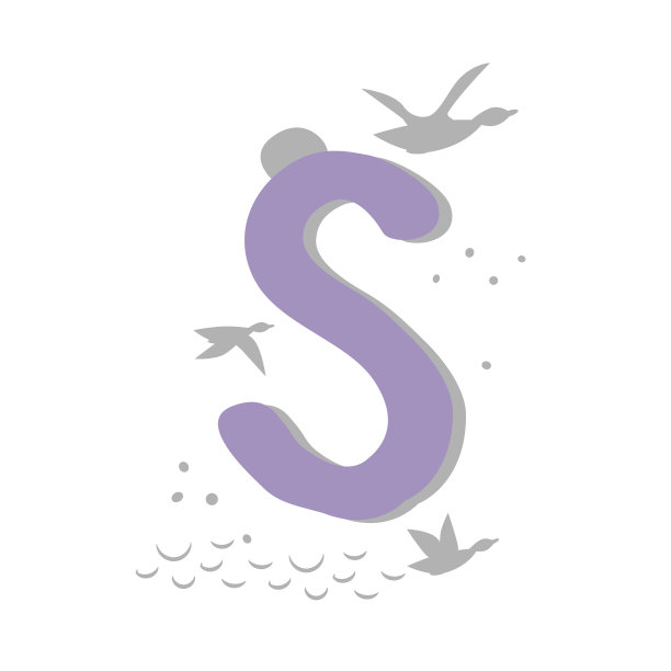 极简东方风格字母s的图案。鸟群，鸭子在飞翔，大海，月亮。抽象物体，点，点，阴影。矢量插图，为标志设计，横幅。图片下载