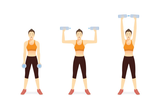 运动妇女使用水瓶做运动与二头肌卷曲肩压的位置。说明如何在家中使用健身器材进行快速简单的运动。图片下载