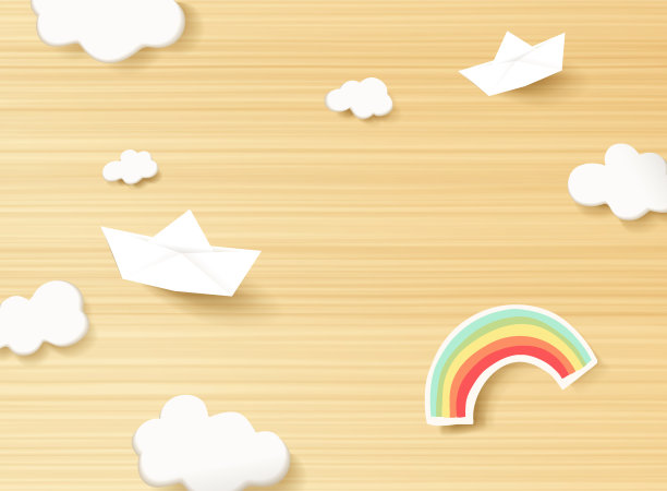 可爱的孩子或婴儿卡片，白色的云彩和剪纸彩虹在木制的背景上图片下载