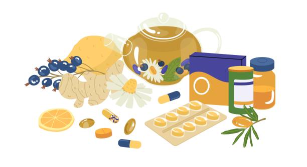 本品为医药保健品。片剂、胶囊泡剂、药液玻璃瓶、茶叶、生姜、蜂蜜、柠檬、浆果。卫生保健的概念。矢量插图。图片下载