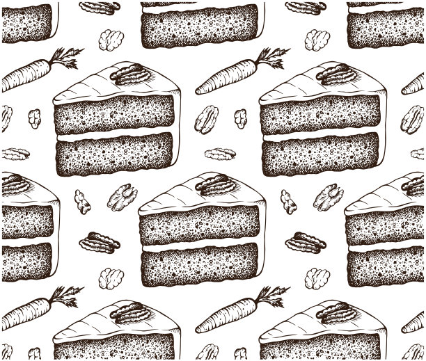 在白色背景上孤立的胡萝卜蛋糕素描图案。手绘烘焙甜点，胡萝卜壁纸。图片下载