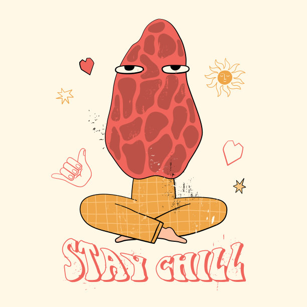 保持冷静的口号与迷幻蘑菇，花卉和其他复古元素。70年代的Groovy主题手绘风格。嬉皮插图的女孩t恤，t恤和贴纸，海报设计图片下载