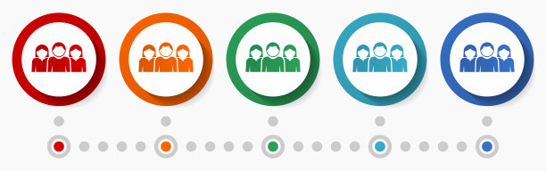 人，组，团队概念矢量图标集，平面设计彩色按钮，信息图形模板在5种颜色的选项图片下载