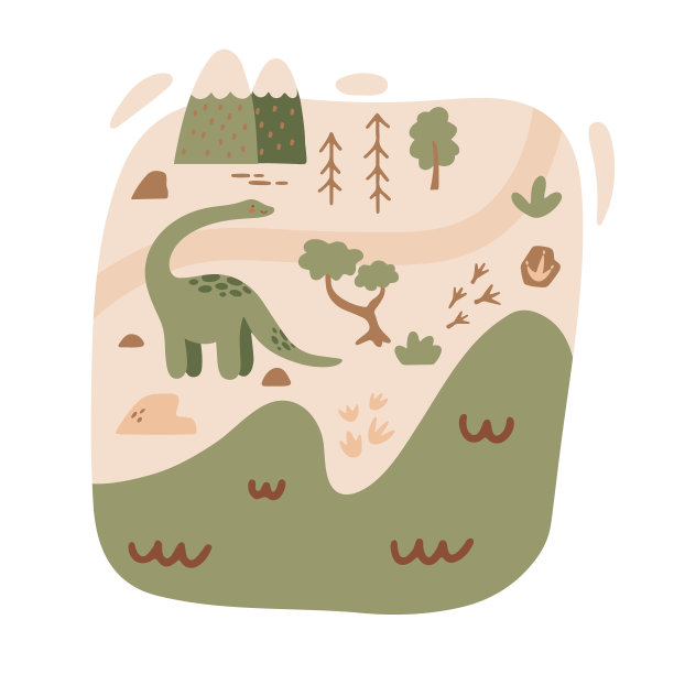 孩子们在地图上画着可爱的恐龙、热带棕榈树和山脉。矢量迷宫插图，地板地毯或托儿所墙壁海报。卡通恐龙背景的儿童游戏。Jurrasic世界印刷图片下载