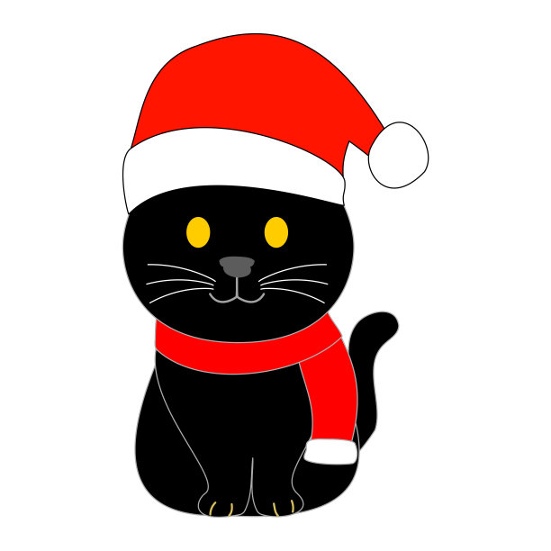 黑色的猫在圣诞老人的帽子和针织围巾与白色的背景图片下载