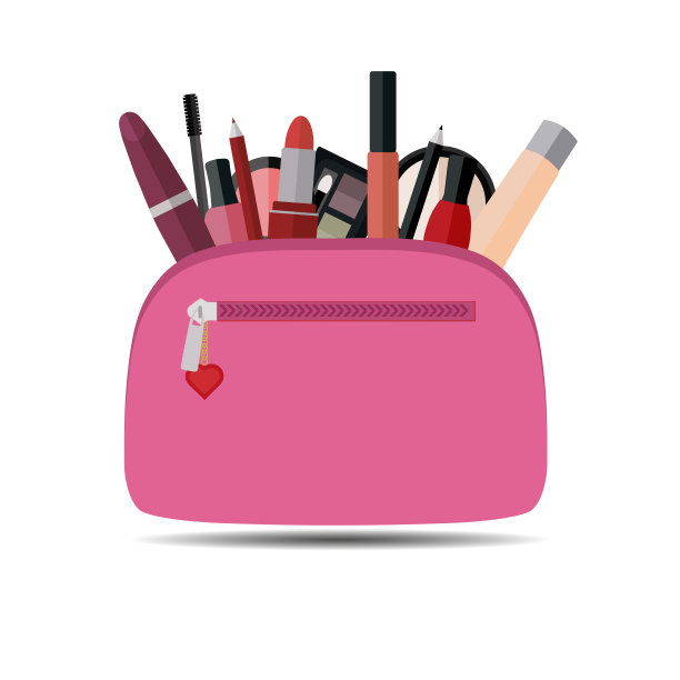 粉红色化妆包与化妆在白色的背景图片下载