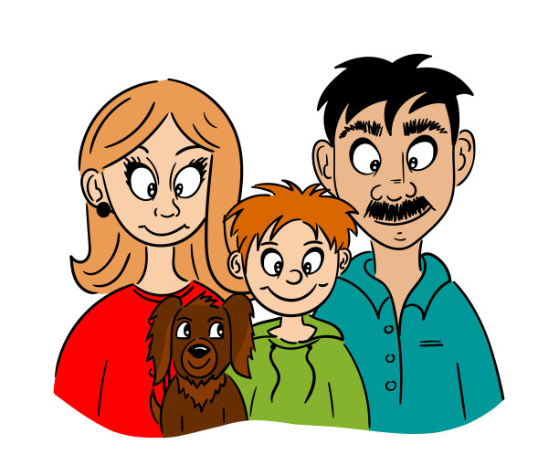 家人在一起。妈妈，爸爸，宝宝和狗。卡通风格图片下载