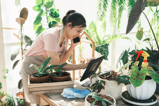 年轻的女植物店主正在网站上查看顾客的订单图片下载