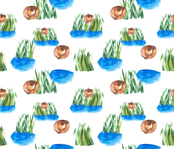 无缝图案，绿色的草，湖和旧的狩猎帽。水彩重复背景的纺织品，壁纸，包装上的主题狩猎，钓鱼和自然。图片下载