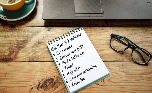 有题词的记事本，笔记本电脑，眼镜和一杯咖啡放在桌子上。概念上的形象。金融或商业概念。图片下载