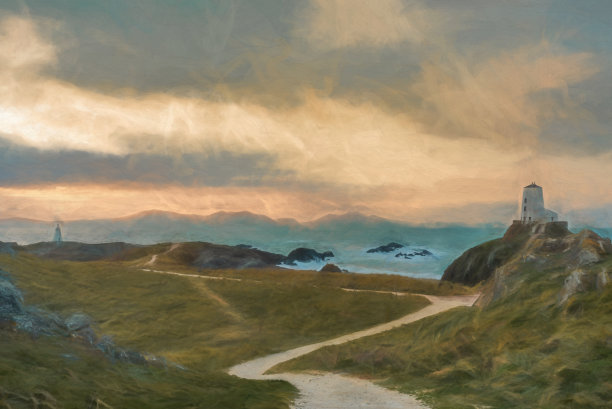 数字绘画的Llanddwyn岛的灯塔，Twr Mawr在伊尼斯Llanddwyn在安格尔西，北威尔士。图片下载