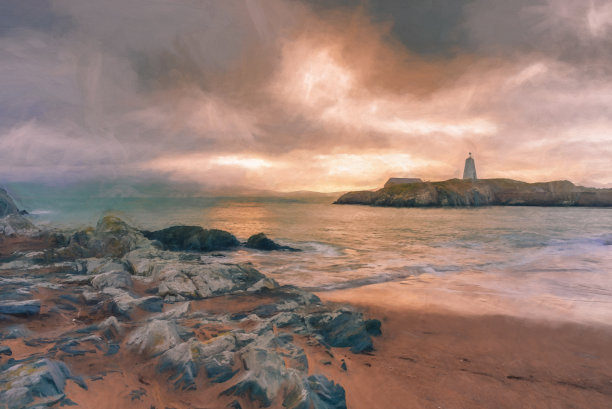 数字绘画的Llanddwyn岛灯塔，Goleudy Twr Bach在安格尔西岛的yys Llanddwyn，北威尔士。图片下载