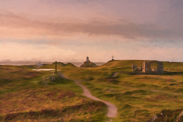 数字绘画的Llanddwyn岛的灯塔，Twr Mawr在伊尼斯Llanddwyn在安格尔西，北威尔士。图片下载