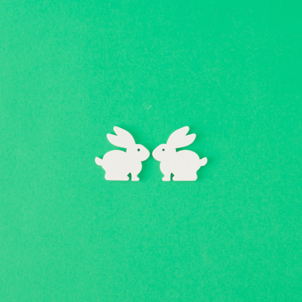 这是一个创造性的安排，两只白兔的剪影在绿色背景上接吻。最小的爱的概念。复活节的灵感。图片下载