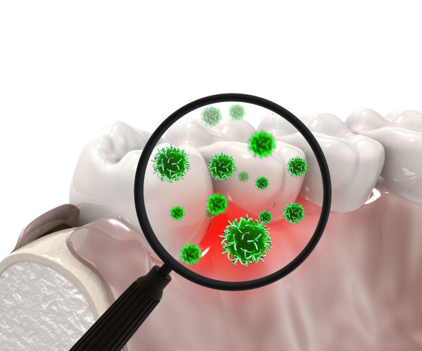 牙齿与放大镜显示细菌。三维演示图片下载
