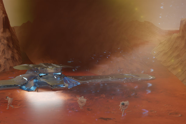 宇宙飞船用明亮的灯光照亮了在沙尘暴中探索红色星球火星的宇航员们图片下载