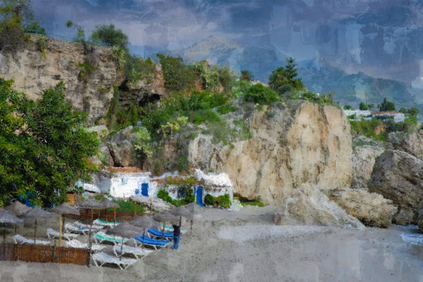 西班牙涅尔哈的小海湾从一张照片变成了数码墨水笔和油画为画布打印图片下载