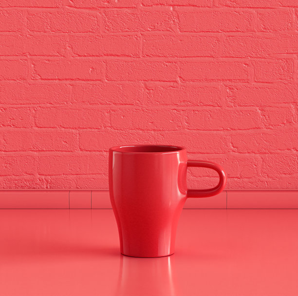 单色红色咖啡杯在单色红色厨房台面与棕色砖墙，3d渲染，特写视图图片下载