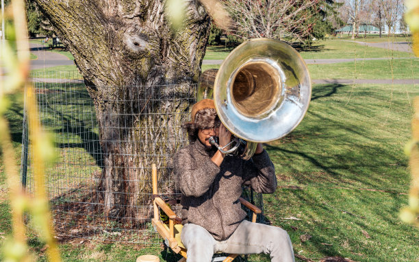 戴着棕色帽子的艺术家坐在椅子上用大号演奏旋律。图片下载