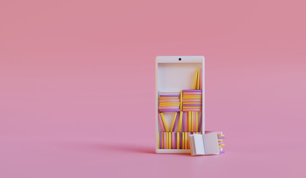 粉红色背景的智能手机上一堆打开的书。在线教育、图书馆或电子学习的概念。三维渲染图片下载